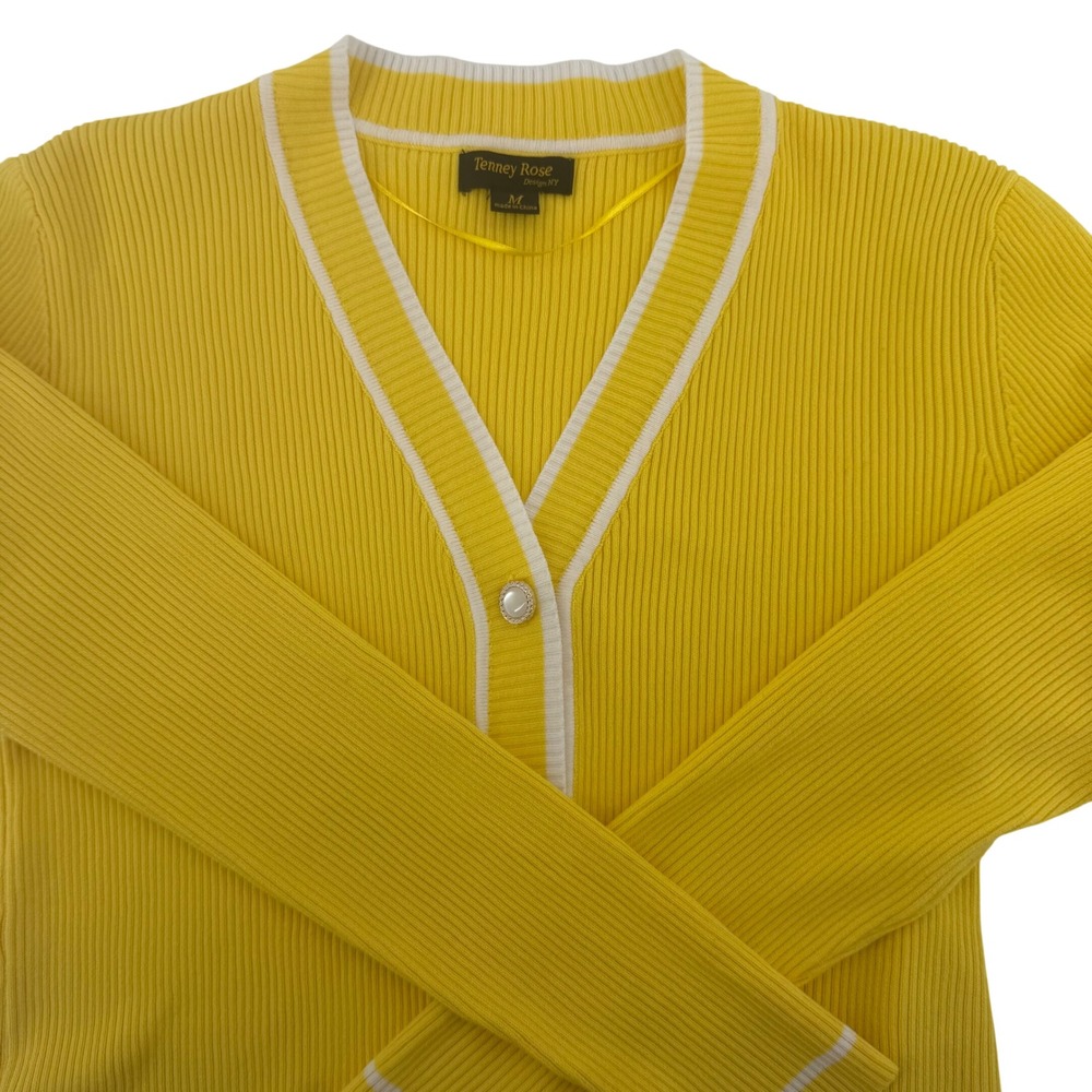 Vtg‎ Tenney Rose Womens Medium Cardigan Sweater Yellow Ribbed White Pearl Button